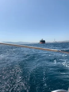 A tanker anchored in the Bay of Gibraltar, photographed from a boat.