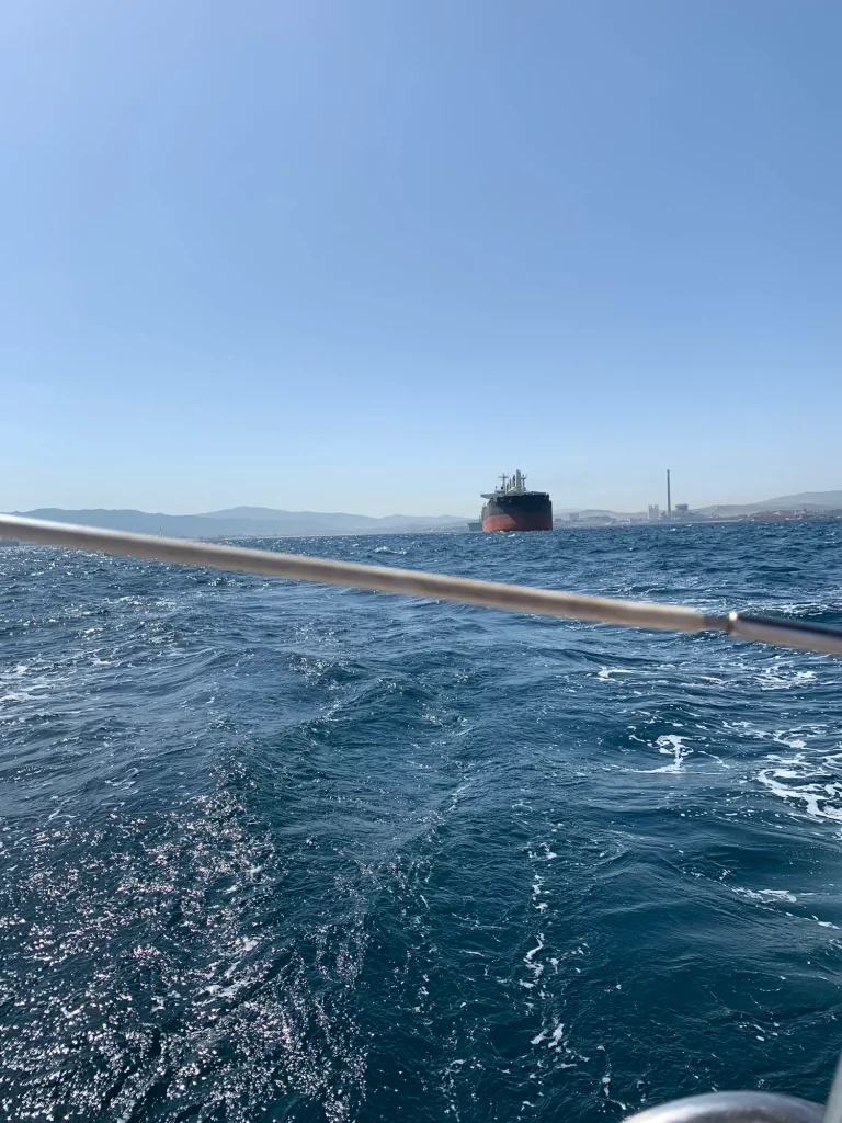 A tanker anchored in the Bay of Gibraltar, photographed from a boat.