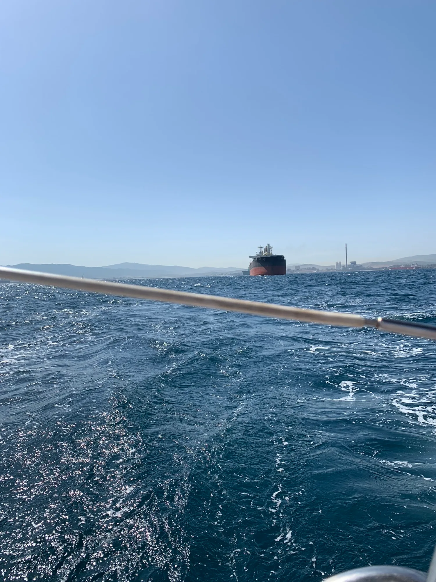A tanker anchored in the Bay of Gibraltar, photographed from a boat.