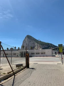 The Gibraltar border crossing at La Línea with the Rock of Gibraltar behind