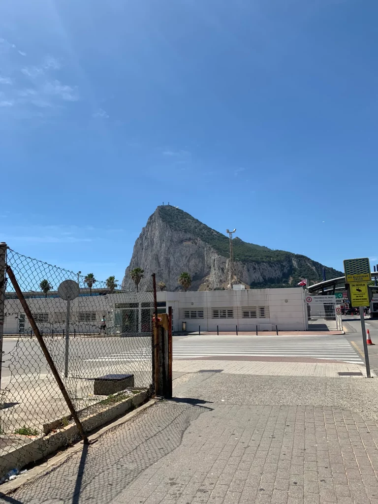 The Gibraltar border crossing at La Línea with the Rock of Gibraltar behind