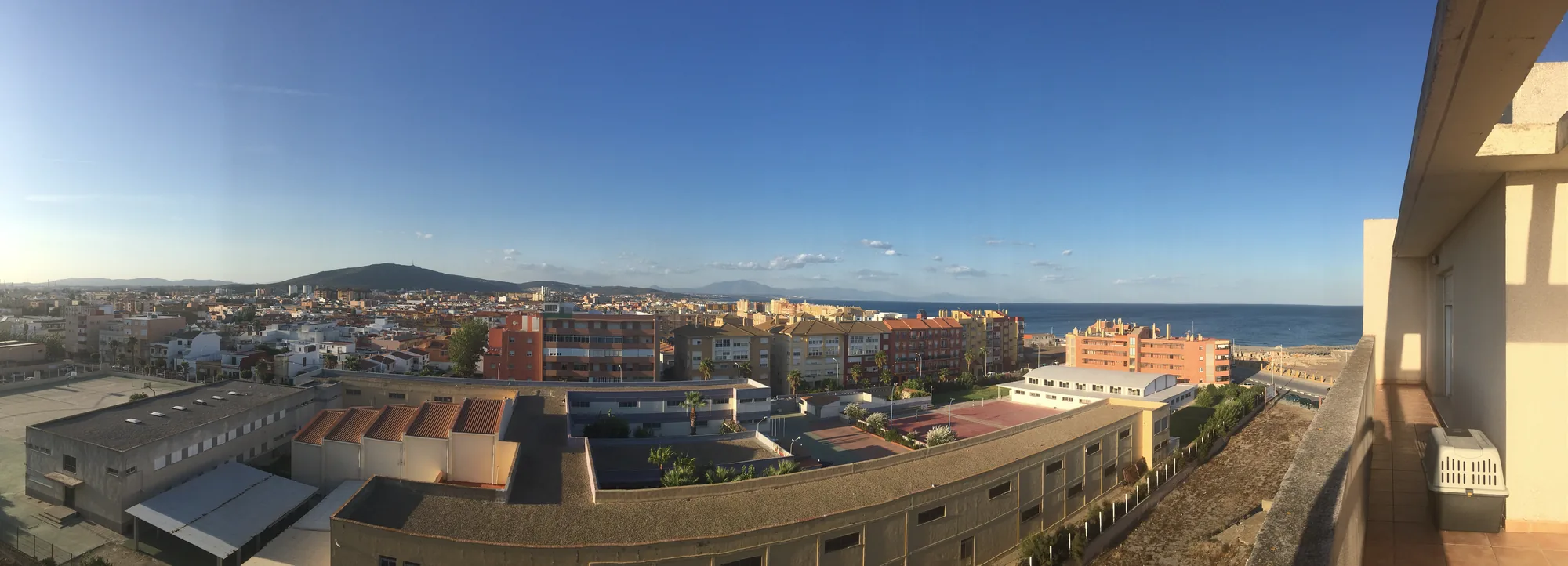 A rooftop panorama over La Linea and the Bay of Gibraltar.