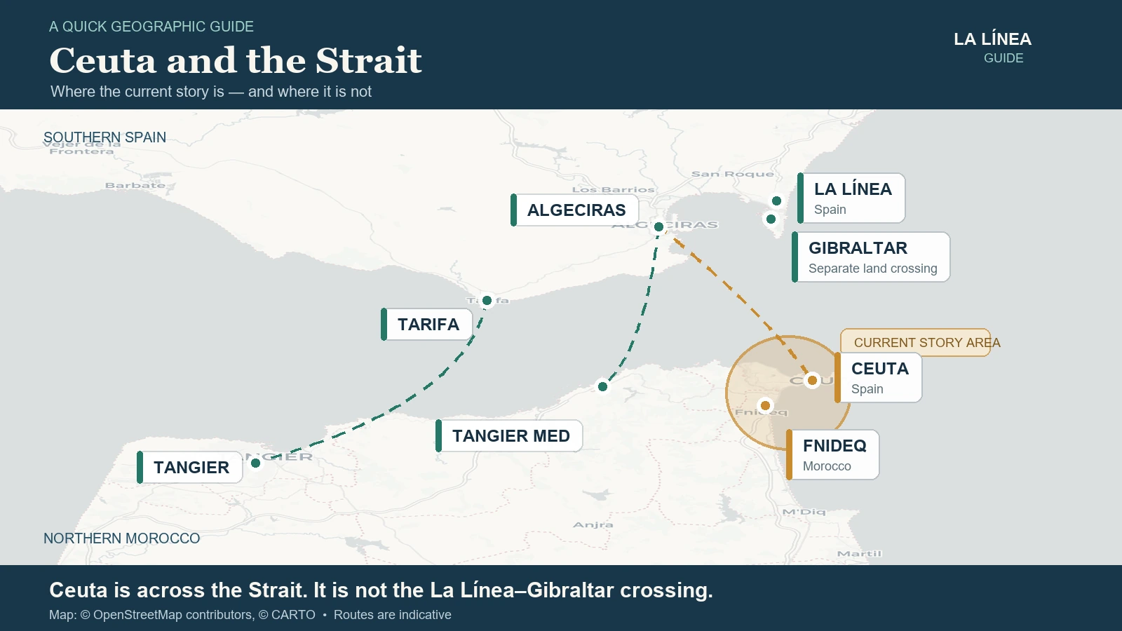 Map explaining the situation in Ceuta and its relevance to La Línea and Gibraltar